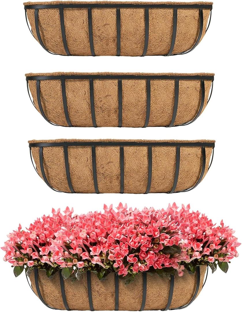 Hehimhis Balcony Planters Railing Hanging 24inch 4 Pack Window Planter Box with Adjustable Bracket with Coco Liner for Porch Fence Patio Hanging Planters for Garden Outdoor Boxes
