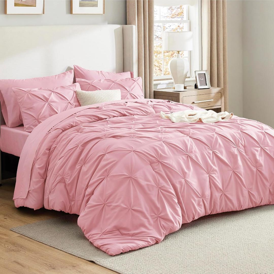 Bedsure Twin Comforter Set Baby Pink - Bed in a Bag Twin Size Bedding 5 Pieces, GentleSoft Pintuck Bed Set Gift for Family, Pinch Pleat Pink Comforter with Sheets, Pillowcase & Sham