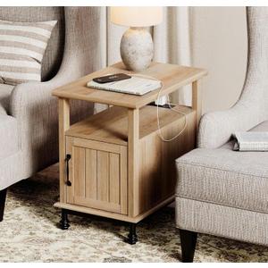 WAMPAT Oak End Table with Charging Station, Sofa Side Table with Storage Cabinet for Living Room, Light Wood Bedside Table with Metal Leg, Farmhouse Nightstand for Bedroom (Oak)