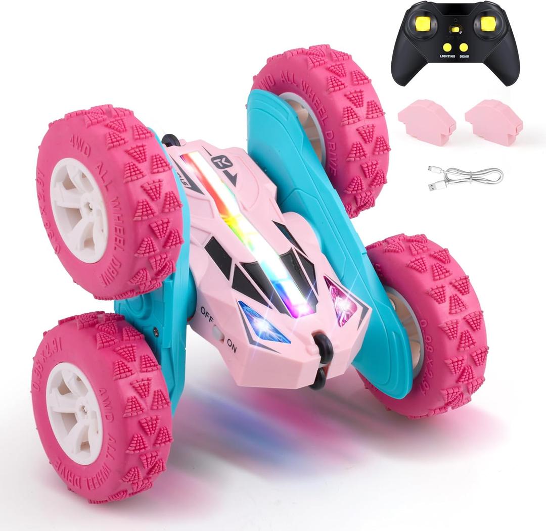 Threeking Remote Control Car RC Cars Toys for Girls Boys Ages 6-12, Upgraded USB-C Modular Batteries, 4WD Stunt Car with Breathing Soft Lights, Double-Sided Driving & 360 Flips, Presents Gifts, Pink