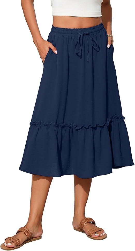 High Waist Tiered Skirts for Women Flowy Skirts for Women Below Knee  2025 Fashion Trendy L