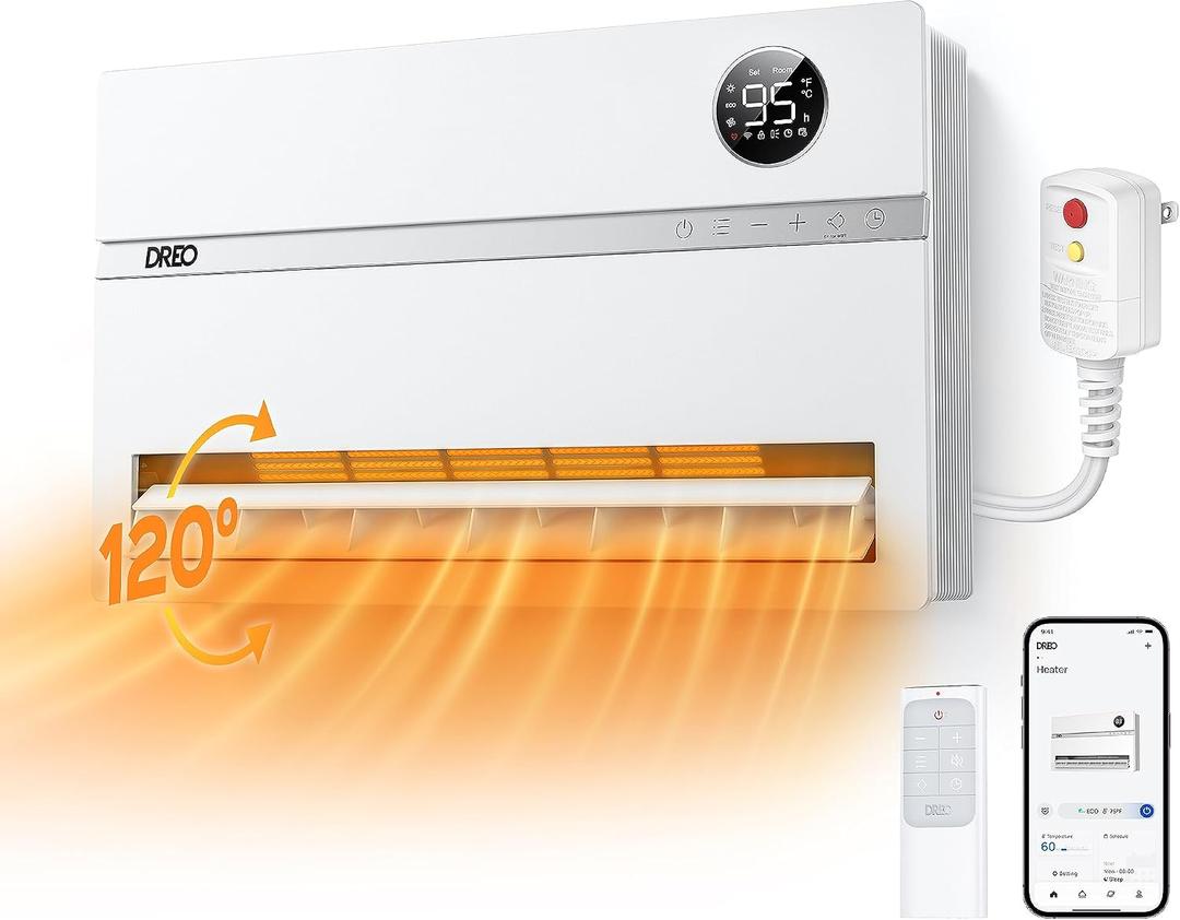 DREO Wall Heater for Bathroom, Smart Space Heaters with ALCI Plug, 1500W, 120 Vertical Oscillation, Adjustable Thermostat, 24H Timer, Easy Installation Electric Heater for Indoor use, Bedroom, Office