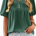 Womens Summer Tops Lantern Short Sleeve V Neck Blouses Dressy Casual Loose Fit Button Down Shirt for Women (Green, M)