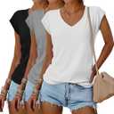 Huukeay 3 Pack Womens V Neck T Shirts, Cap Sleeve Summer Casual Tops Loose Fit Short Sleeve Tees 2025 Trendy Shirts (Medium)