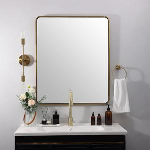 ANDY STAR Gold Bathroom Mirror for Wall, 30x36 Brushed Gold Rounded Rectangle Mirror for Vanity in SUS304-Anti-Rust, Wall-Mounted Horizontal/Vertical 1 Deep (Brass)