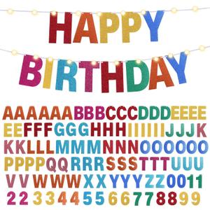 TaoBary 112 Pcs DIY Letter Kit Glitter Customizable Banner Letters Include 107 Letters and Numbers 3 Rope and 2 Needles for Birthday Halloween Christmas Wedding Valentine Party Decor(Rainbow)