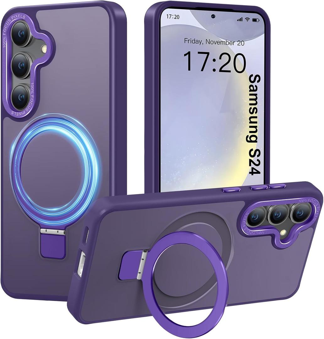 Compatible with Samsung Galaxy S24 Case with Magnetic Ring Stand, Military Drop Protection, Anti-Scratch/Anti-Fingerprint Translucent Matte Case for Samsung Galaxy S24 (Purple)