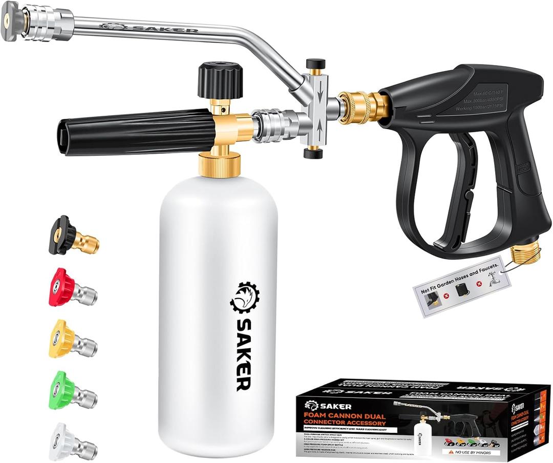 Saker Foam Cannon Dual Connector Accessory for Pressure Washer Kit, with Foam Cannon Dual Connector, Pressure Washer Gun for Car Washing and Cleaning,5 Power Washer Sprayer Nozzles (Four-Piece Set)