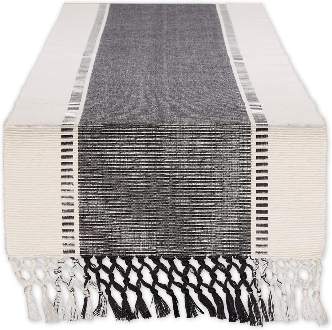 DII Dobby Stripe Woven Table Runner, 13x72 (13x77.5, Fringe Included), Black