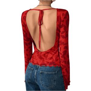 MakeMeChic Women's Floral Tie Backless Tee Top Crew Neck Lettuce Trim Long Sleeve T Shirt Tops (Small, Red)
