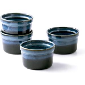 Ceramic 4 oz Ramekins,Small Souffle Dishes Set of 4, Mini Baking Bowls for Kitchen, Porcelain Dipping Sauce Cups for Creme Brulee, Pudding, Ice Cream, Lava Cakes, Microwave & Oven Safe, Blue