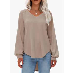 EXLURA Womens Fall Oversized V Neck Tunic Tops 2025 Casual Long Sleeve Shirts Lightweight Soft Sweater Curved Hem T Shirts Size S