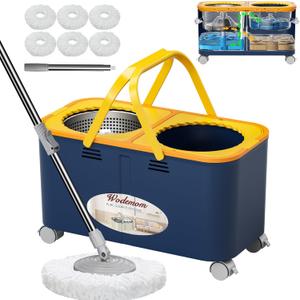 Compact Spin Mop and Bucket with Clean & Dirty Water System, Floor Mop with 360° Swivel Wheels, 61" Handle, 6 Reusable Mop Heads for for Wood, Tile, Vinyl, Baseboards- Blue/Yellow