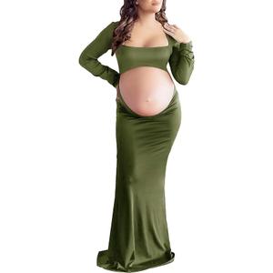 Dedysler Cut Out Maternity Dress for Photos Open Belly Long Sleeve Photography Gown Square Neck Maternity Outfit Dresses, Small
