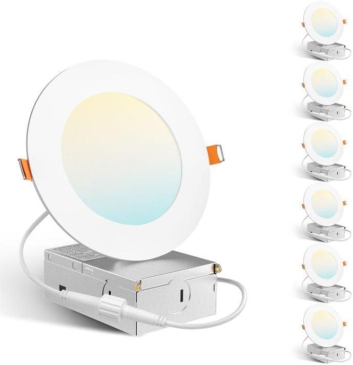 Amico 6 Pack 4 Inch 5CCT Ultra-Thin LED Recessed Dimmable Ceiling Light with Junction Box, 2700K/3000K/3500K/4000K/5000K Selectable, 10W Eqv 60W, 800 Lumens, High Brightness Downlight - ETL&FCC