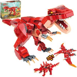 STEM 3 in1 Dinosaurs Building Kits 287PCS, Toys for Kids Age 6-10 Year Old, Educational Building Sets Best Gifts for Boy 6-10 (Red)