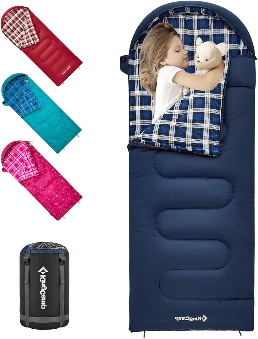 KingCamp 45F Kids Sleeping Bag, Lightweight Waterproof & Compact Flannel Sleeping Bags Cold Weather & Warm Youth Essentials Gear Accessories for Camping, Fits 10-12 Children up to 5'5" Tall (66.9" x 27.5", 8.6F ~44.6F Navy Right)