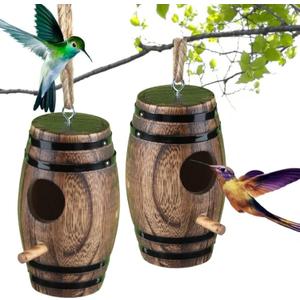2 Pack Hummingbird Houses for Outside, DY-SKTY Wooden Hummingbird House for Nesting, Hanging Bird Houses for Outdoors with Pole, Unique Garden Gifts Home Decoration