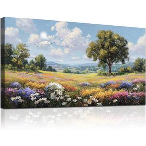 MEICEN88 Landscape Wall Decor Large Wall Art Nature Pictures Rustic Farmhouse Decor Canvas Print Wildflower Painting Wall Art for Office Living Room Bedroom Hallway Aesthetics Home Decor 24"X48"