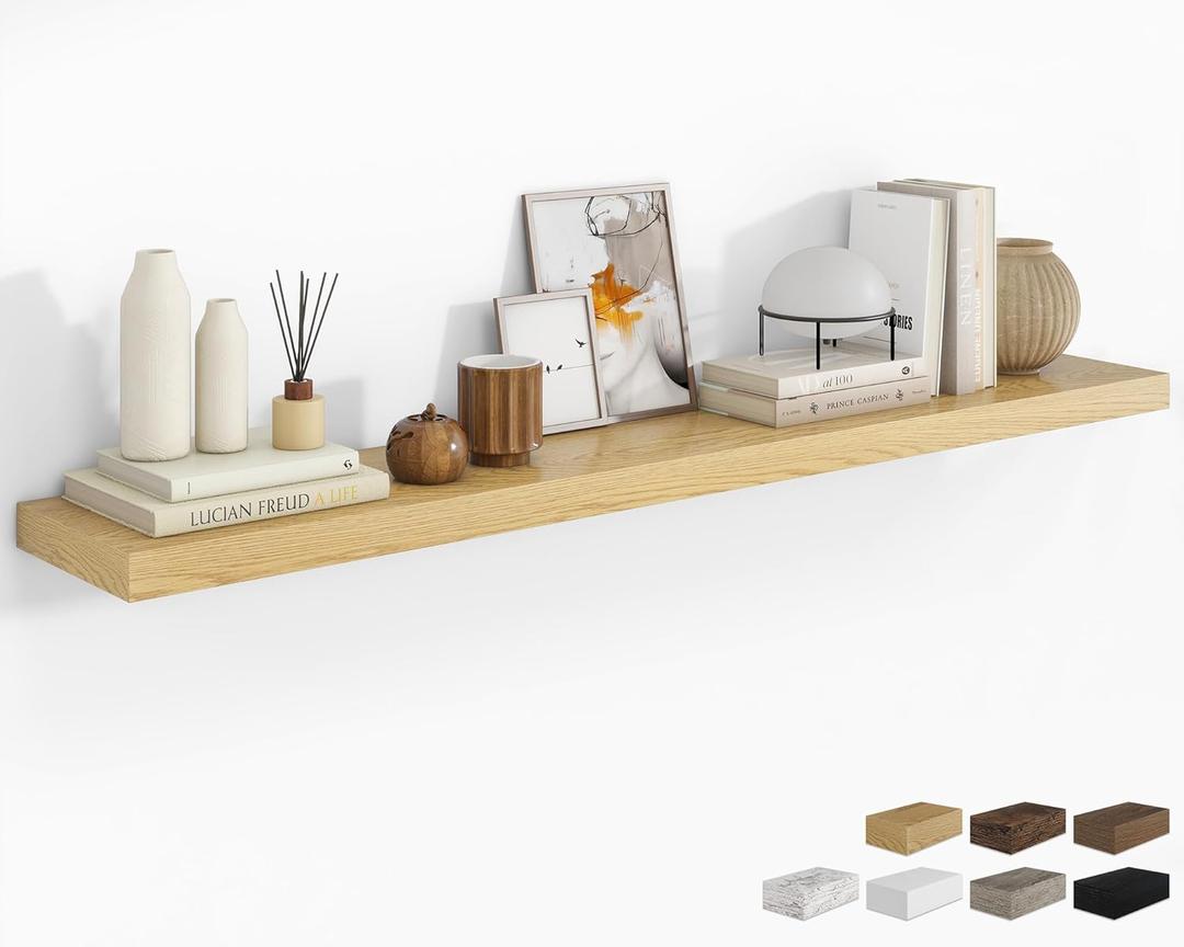 RICHFOCUS 72Inch Floating Shelves for Wall 1 Pack Shelves for Bedroom, Kitchen Bathroom Wall Mounted Rustic Wood Floating Shelf with Invisible Brackets for Books, Storage, Decor, Oak