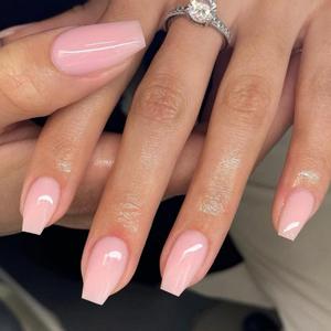 KQueenest Gel Press on Nails - Coffin Shape, Solid Light Pink, Short Medium Length, Simple Acrylic Finish