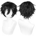 ANOGOL Hair Cap+ Short Black Wig for Men Short Black Men's Wigs for Cosplay Black Anime Cosplay Wig Layered Black Party Wigs with Bangs for Halloween Costume Christmas Peluca Negra Synthetic Hair