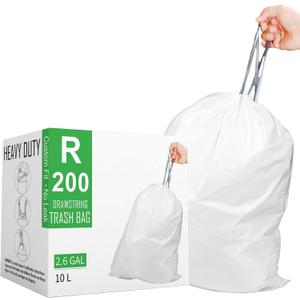 Makeronics Code R 2.6 Gallon Heavy Duty Drawstring Plastic Trash Bags Compatible with simplehuman Code R 200 Count (Pack of 1) White 10 Liter