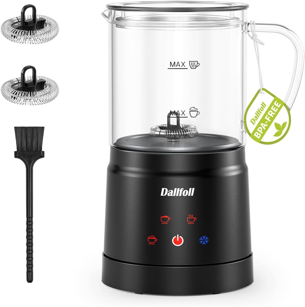 Dallfoll Milk Frother, 4-in-1 Milk Frother and Steamer Electric, Visualized Glass Design, 13.5oz/400ml Hot and Cold Milk Foam Maker for Coffee, Latte, Cappuccino Silent Operation, Automatic off (Black)