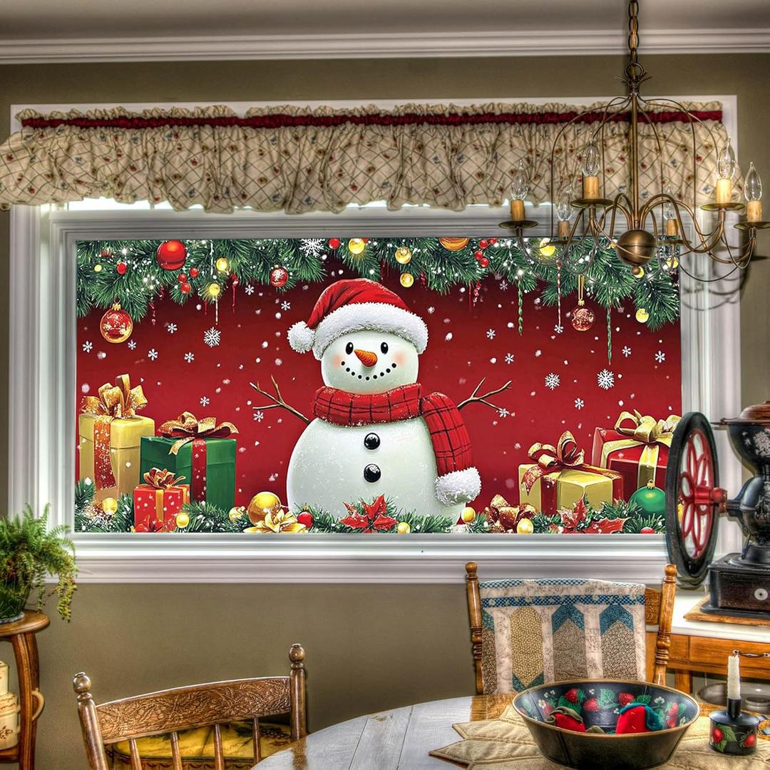 Christmas Window Film Snowman with Santa Hat Scarf Gifts Snowflake Ornaments Decorative Glass Sticker Static Cling Holiday Privacy Window Clings 39.3  17.7 Inch