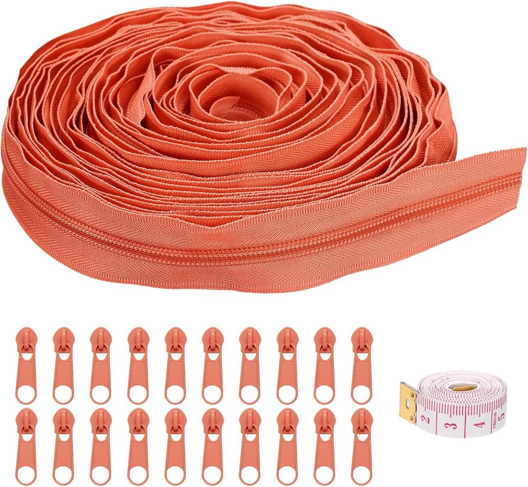 uxcell #5 10 Yards Nylon Coil Zippers, Bulk Coil Zipper by The Yards with 20 Pcs Zippers Sliders and Ruler for DIY Tailor Sewing Craft Bag Clothes, Orange