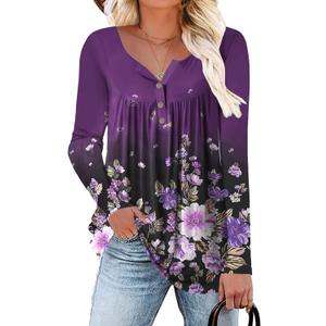 Womens-Tops-Long-Sleeve Henley Shirts V Neck Blouses Buttons Up Tunics Flowy Pleated Blouses (Medium, 03_floral)