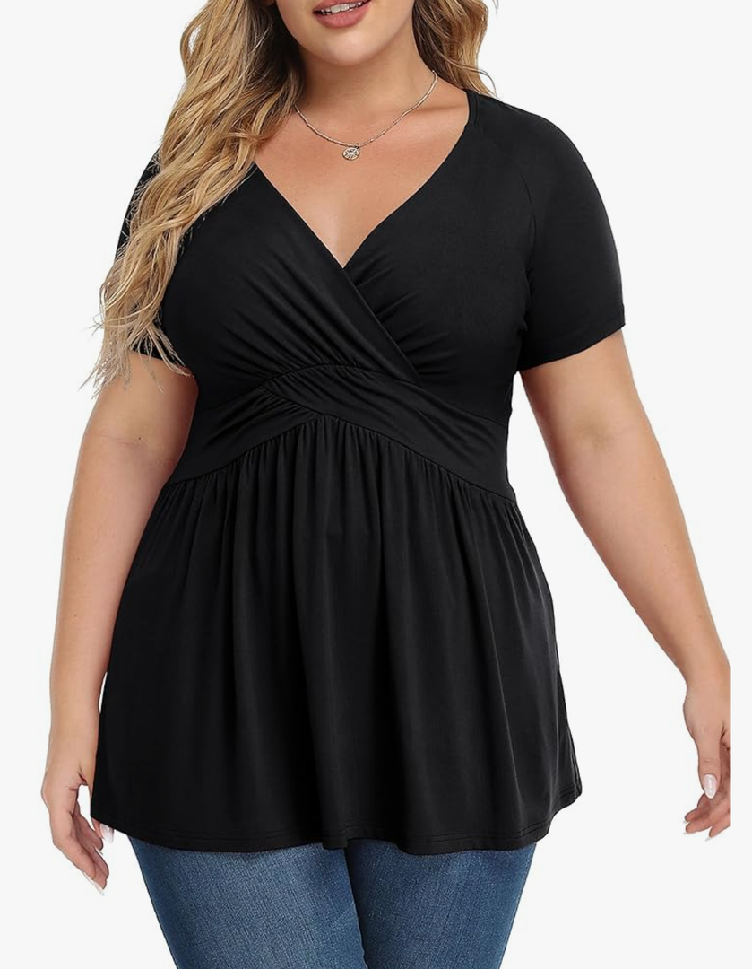 TIANZHU Women's Plus Size Dressy Tops Wrap Shirt Short Sleeve Tunic Top V Neck Low Cut Cute Blouse Size 4XL
