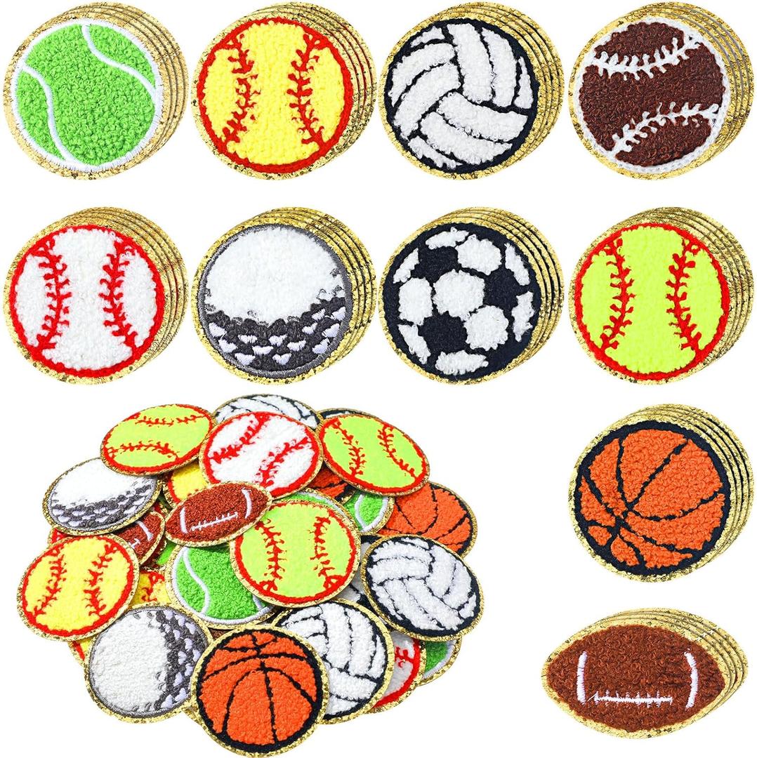 Solsew 40 Pack Ball Sports Chenille Cheer Iron on Patches Ball Sticker with Gold Edges Soccer Volleyball Basketball Baseball Softball Iron on Patches for Hat Pants Clothing(Multiple)
