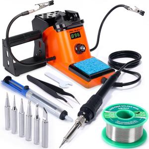 YIHUA 926 III 60W LED Display Soldering Iron Station Kit w 2 Helping Hands, 6 Extra Iron Tips, Roll of Lead-Free Solder, Solder Sucker, S/S Tweezers, C/F Conversion, Auto Sleep & Calibration Support (Orange)