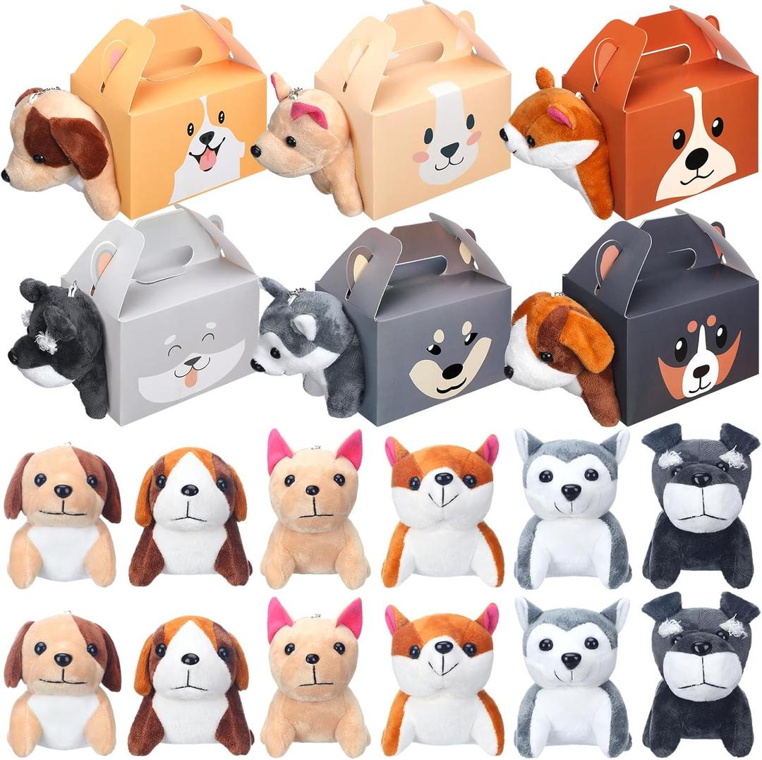 Fainne 12 Pcs Dog Party Favors Boxes with 12 Pcs Mini Plush Dog Set Adopt a Puppy Party Favors Treat Boxes Foldable Gift Puppy Theme Stuffed Animal for Birthday Supplies Decoration(Cute)