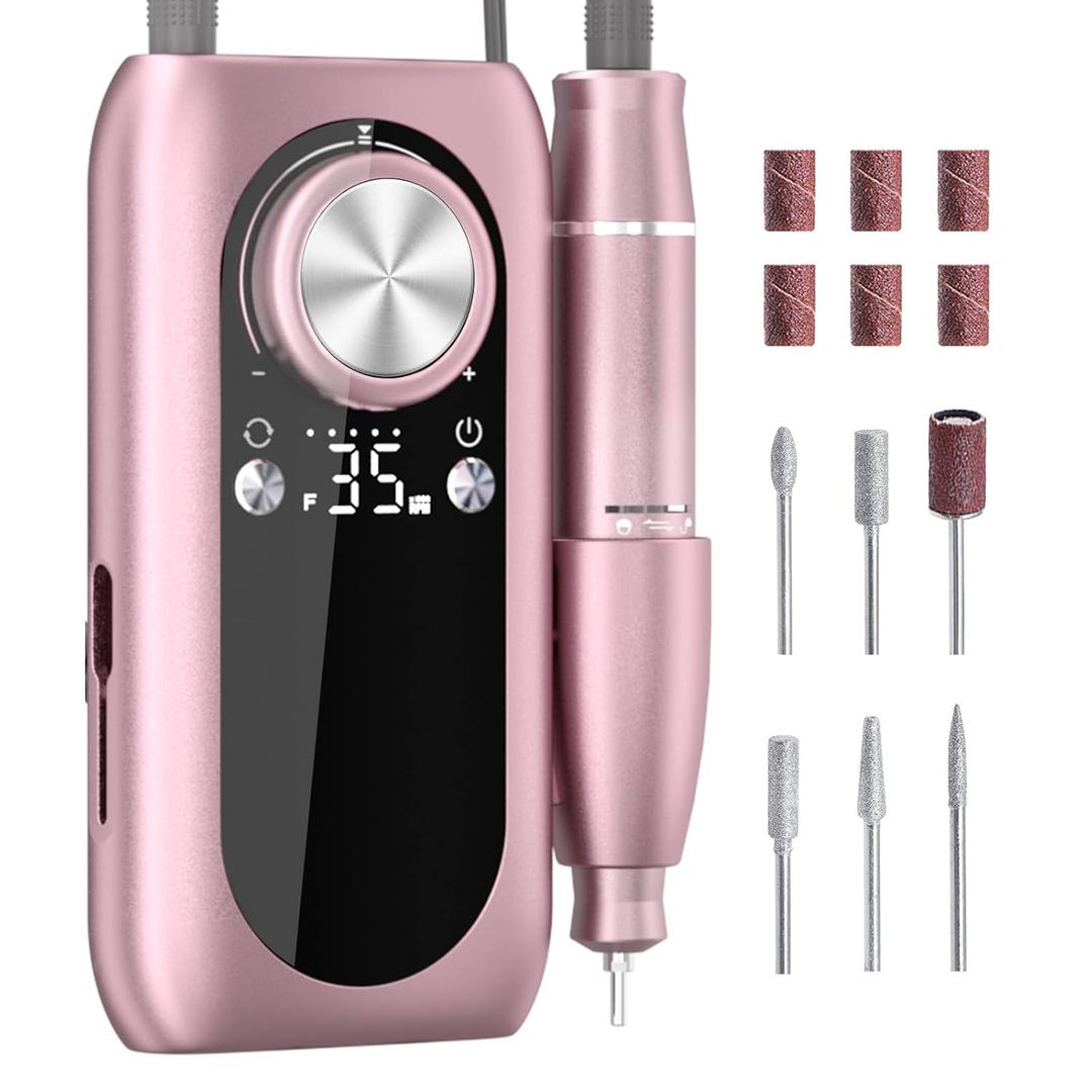 Rechargeable Nail Drill, 35000RPM Electric Nail File Machine Professional Acrylic Gel Nails Remover with Drill Bits, Portable Efiler Manicure Supplies for Polishing Grinding, Home Salon Use (Pink)