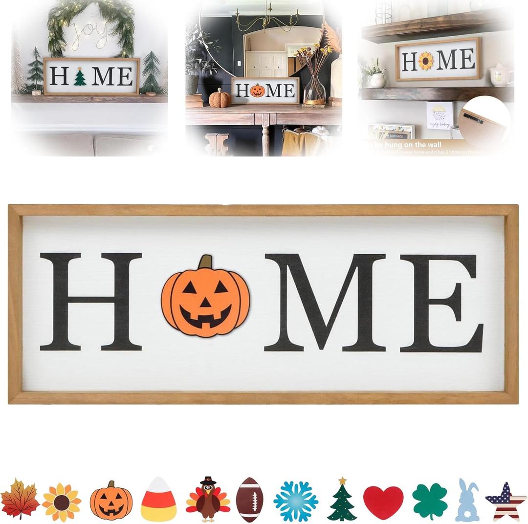 Generic Halloween Decor Home Tabletop Sign, Wooden Sign with 12 Pcs Interchangeable Seasonal Icons - Fall, Halloween, Thanksgiving, Christmas - Modern Style, 1.73 x 0.71 x 0.1 Inches