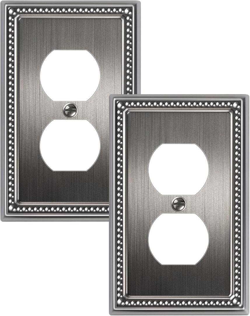 2-Pack Duplex Outlet Cover, Silver Metal Wall Plates for Electrical Outlets, 1 Gang Receptacle Light Switch Cover, Pearls Beaded Decorative Switch Plates and Outlet Covers