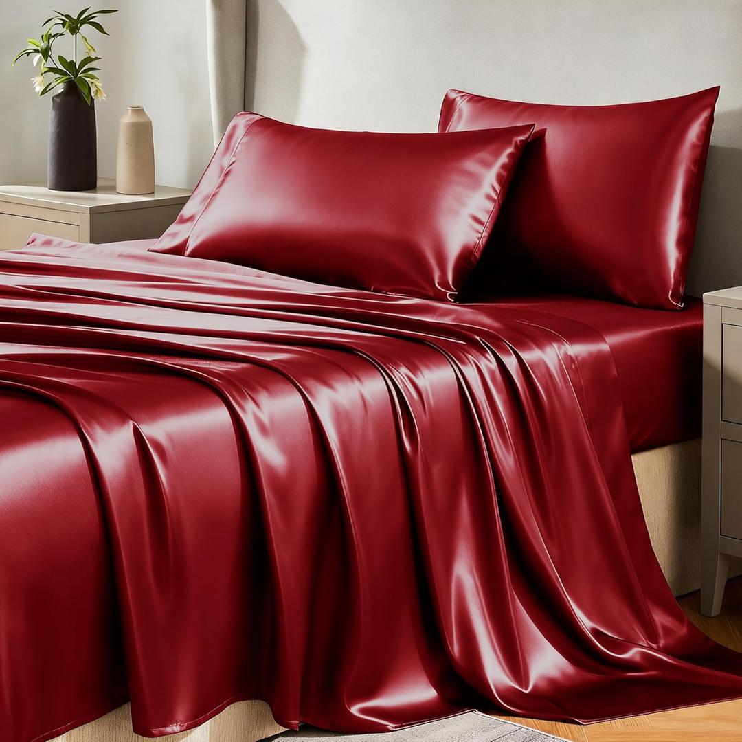CozyLux Satin Sheets Queen Size Bed Set - 4 Piece Silky Queen Sheet Set, Luxury Burgundy Queen Sheets with Smooth and Soft Microfiber, Includes 1 Fitted Sheet, 1 Flat Sheet and 2 Pillowcases