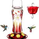 Kingsyard Hummingbird Feeder for Outdoors Hanging, 25 Ounces, Glass Humming Bird Nectar Feeder with Ant Moat & 6 Feeding Ports, Leak Proof, Royal Red