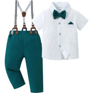 DISAUR Baby Boy Clothes Suits Toddler Dress Shirt With Bowtie Suspender Pants Outfit Sets Gentleman Wedding (18-24 Months, Z Lake Green 1)