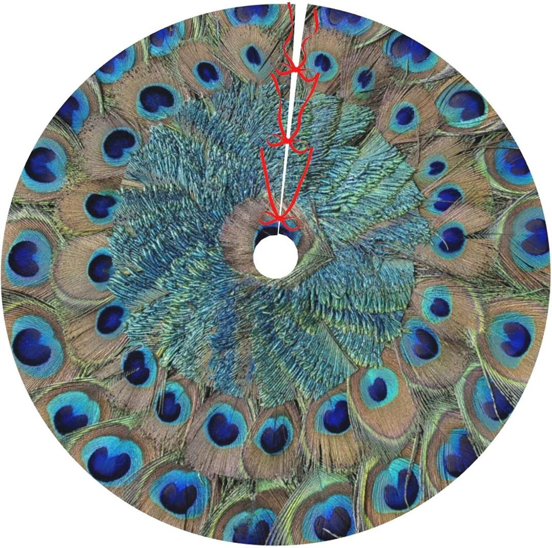 Christmas Tree Skirt 48 Inch Peacock Feather Holiday Decorations for Festive Party Indoor Outdoor Xmas Ornaments