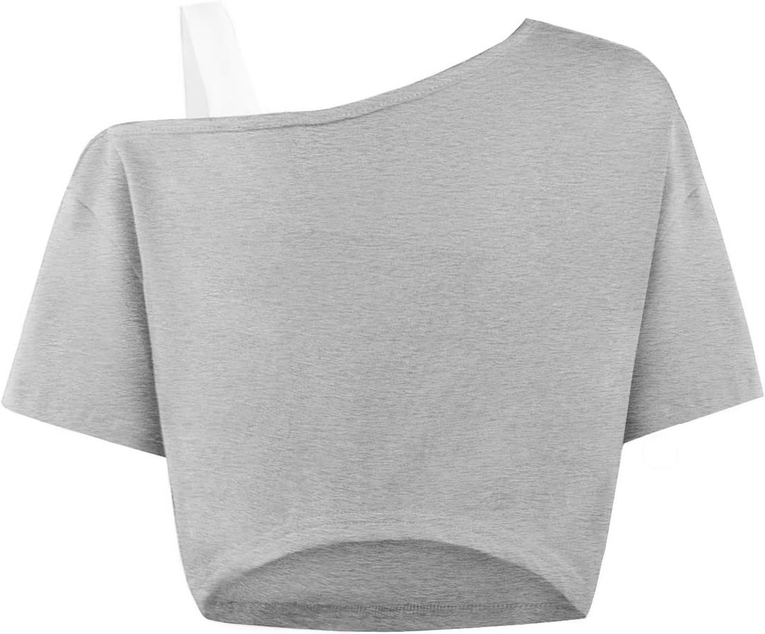 Girls Off The Shoulder Tops Asymmetrical Short Sleeve Crop Top Cute Summer Tee Shirts (9-10 Years, Grey)