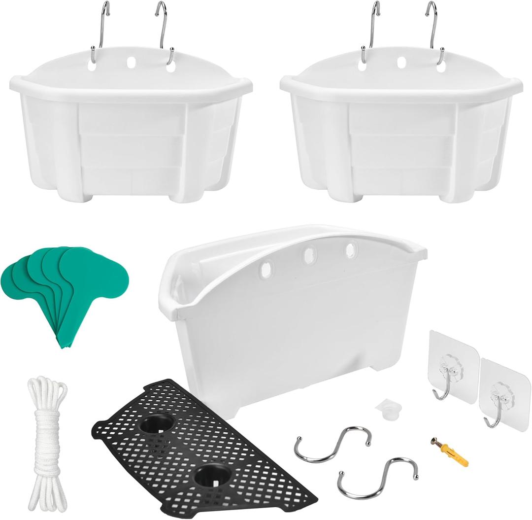 ORIMERC 9.8 inch 3 Pack Wall Hanging Planters Pots for Indoor Plants, Wall Plants Planter Holder with Drainage Hole, Balcony planters Railing Hanging Pot, Plant Wall Mount Decor with Hooks/Screws (White)