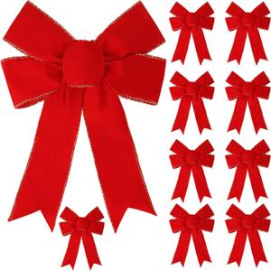 Sggvecsy 10 Pcs Christmas Red Bow 13 x 9 Inches Wreath Bows Christmas Velvet Bows Large Xmas Tree Decorations Gold Edge Hanging Ornaments Handmade Crafts for Home Indoor Outdoor Fence Stairs Railing