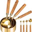 GuDoQi Gold Measuring Cups and Spoons Set of 7, Wood Handle with Metric and US Measurements, Premium Stainless Steel, Golden Polished Finish, Dry & Liquid Measuring Cup for Cooking and Baking