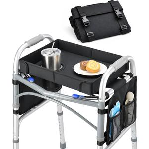 FANGSUN Walker Tray for Folding Walker Foldable Tray for Walkers with Side Pockets & Cup Holder, Spill-Proof, Easy Install with Straps, Fits Rolling Walkers with Side Bars, for Meals & Drinks
