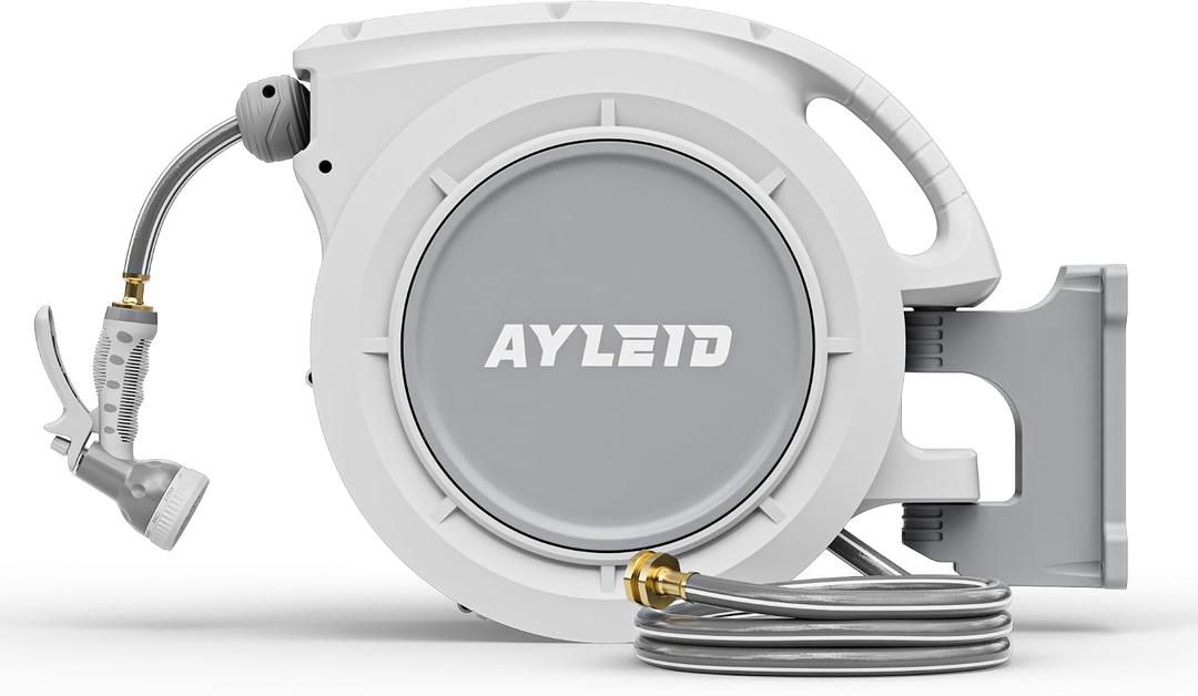 Ayleid Retractable Rubber Hybrid Garden Hose Reel, 1/2"x65ft Wall Mount | Anti-freeze, Kink-free Premium Rubber Hybrid Hose, 9-pattern Sprayer, Any-Length Lock, Slow Auto-return
