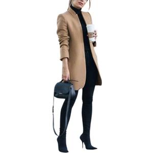 Kwoki Women's Stand Collar Open Front Pea Coat Casual Winter Warm Mid Long Blazer Trench Coats Overcoat Outerwear (Khaki) Small