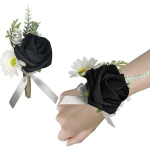 Black Corsage and Boutonniere Set Elegant Corsage Wristlet Accessories for Prom,Wedding Brides Bridesmaids, Homecoming, and Formal Events (1, Black)